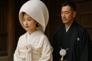 A Japanese bride in a traditional white shiromuku wedding kimono with intricate embroidery stands gracefully beside a groom in a black montsuki haori against a warm wooden interior.