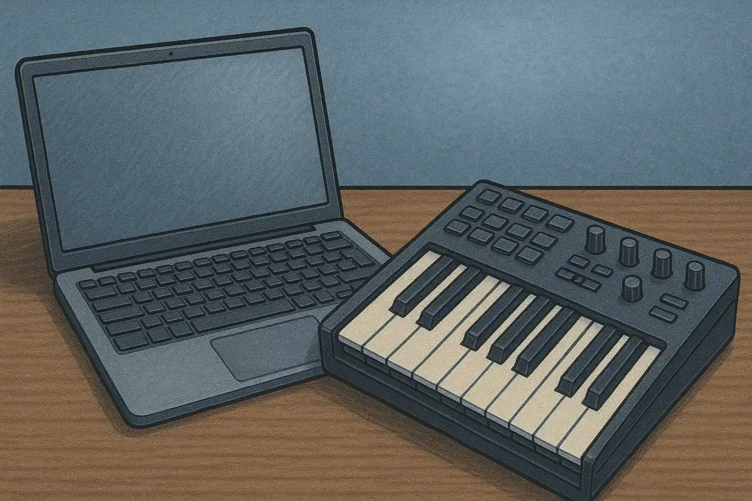 A laptop and a MIDI keyboard on a wooden table, set against a cool-toned blue background.