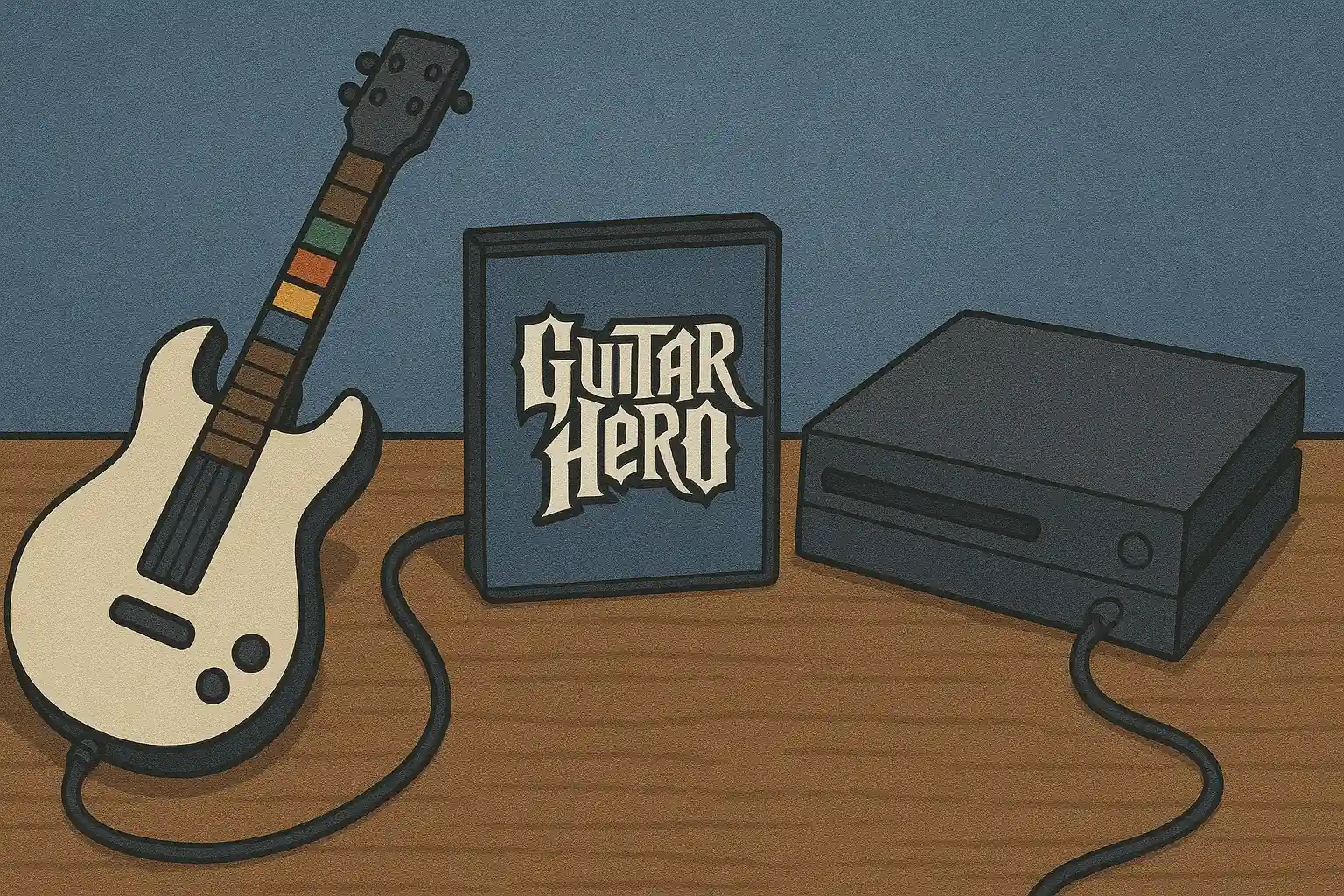 A Guitar Hero game set on a wooden table, featuring a white guitar controller with a cord, a game case labeled “Guitar Hero,” and a video game console, all against a cool blue background.